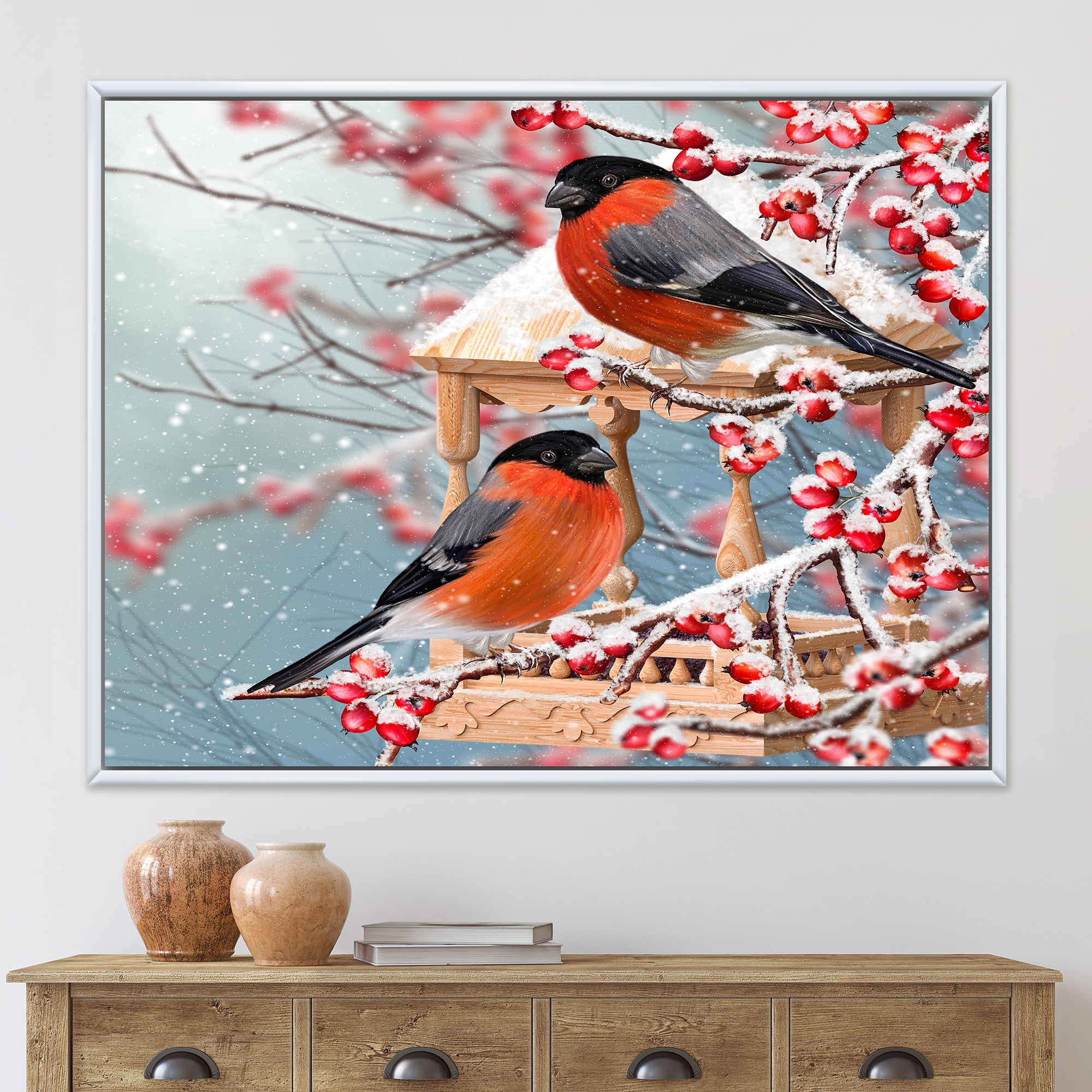 Designart 'Two Tits Sit On A Snow-Covered Berries Branch ' Traditional Framed Canvas Wall Art Print