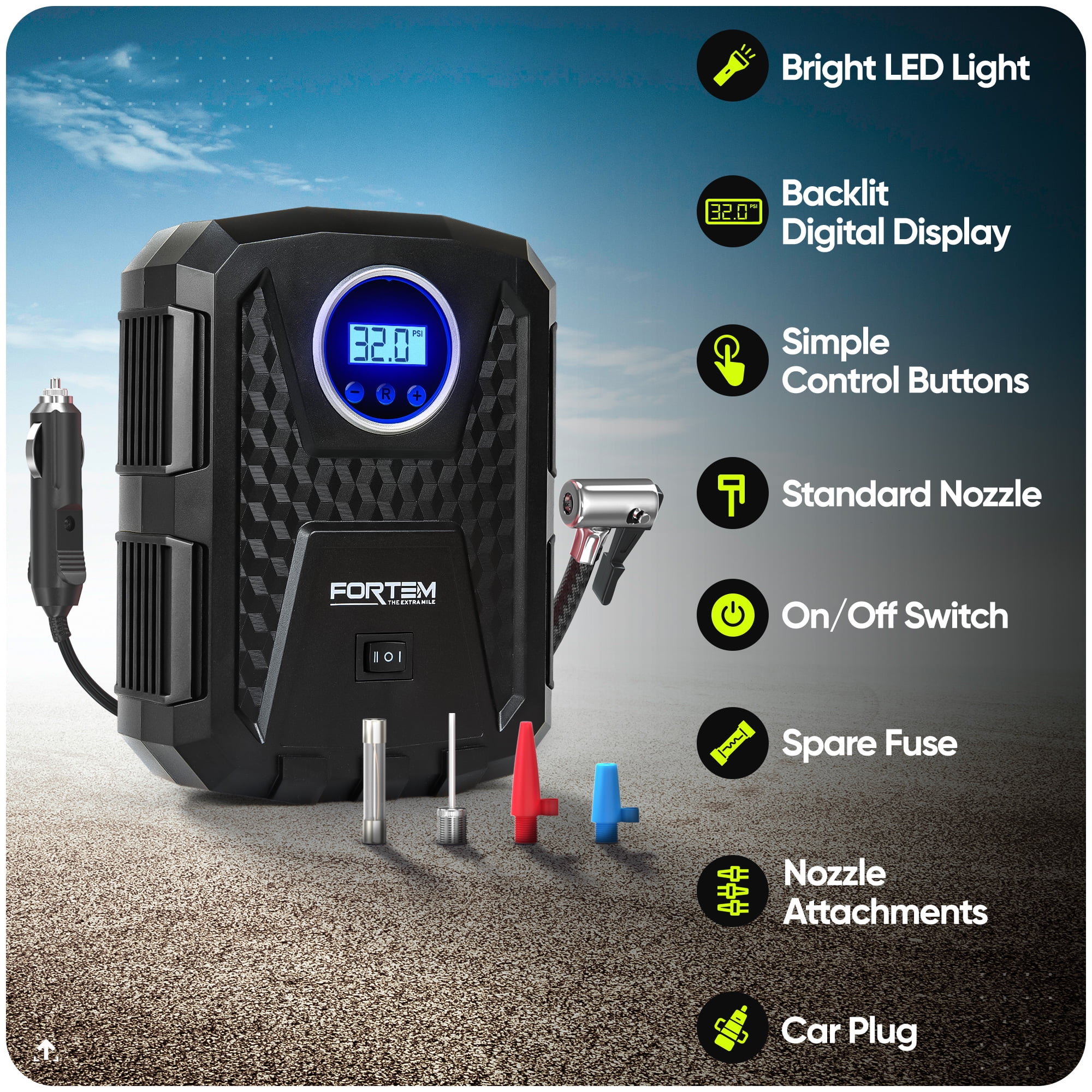 FORTEM Tire Inflator Portable Air Compressor 150 PSI, 12V Electric Bike Pump for Car Tires and Bicycles with LED Light, Digital Tire Pressure Gauge w/Auto Pump/Shut Off, Carrying Case (Black)