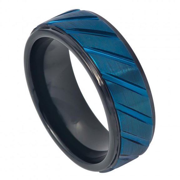 8mm Tungsten Prussian Blue IP Plated Diagonally Grooved Finish Center & Black IP Inner Ring Stepped Edge Wedding Band Ring For Men Or Ladies