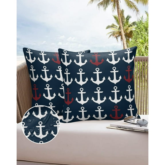 Nautical Red and White Anchors Outdoor Pillow Covers Waterproof Throw Pillow Cover 18x18in Set of 2,Square Decorative Pillowcases Cushion Case for Patio Sofa Couch,Ocean Element on Dark Blue