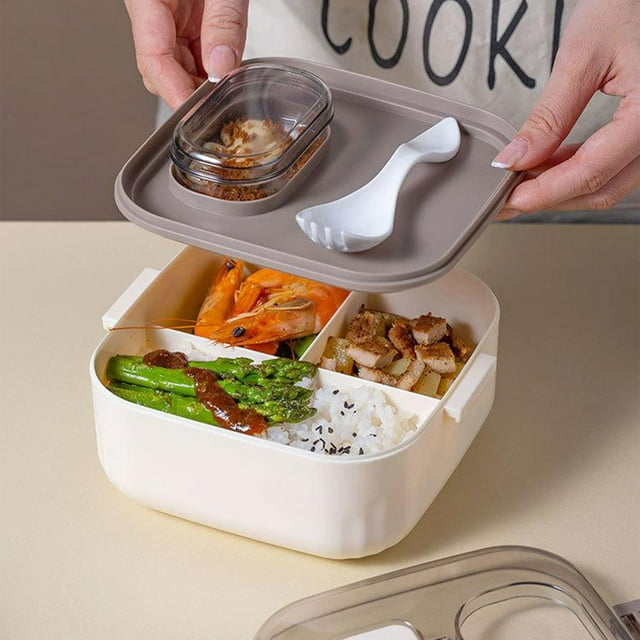 Aufmer 4 Pcs 3-Compartment Leakproof Lunch Box, Microwave-Safe ABS Plastic Container, 5.9x5.9x3.34in(Gray)