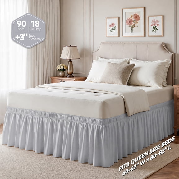 AzulHome Light Gray Bed Skirts Dust Ruffle For Queen Size Bed, 18 inch Tailored Drop with Adjustable Elastic Belt, Easy to Install and Clean