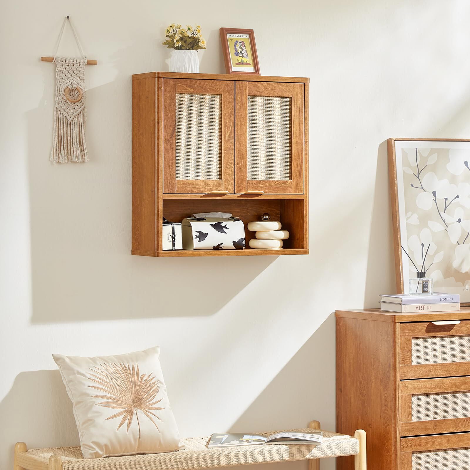 LELELINKY Rattan Wood Bathroom Wall Cabinet with Adjustable Shelf, Boho Medicine Cabinet for over Toilet Storage, Laundry Room, TeaC