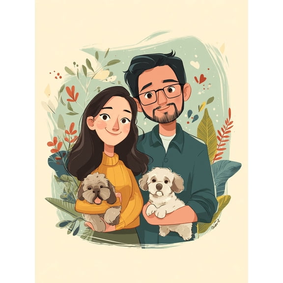Qisvanset Couple And Dogs Portrait Canvas Wall Art 15.75x11.81 Inches