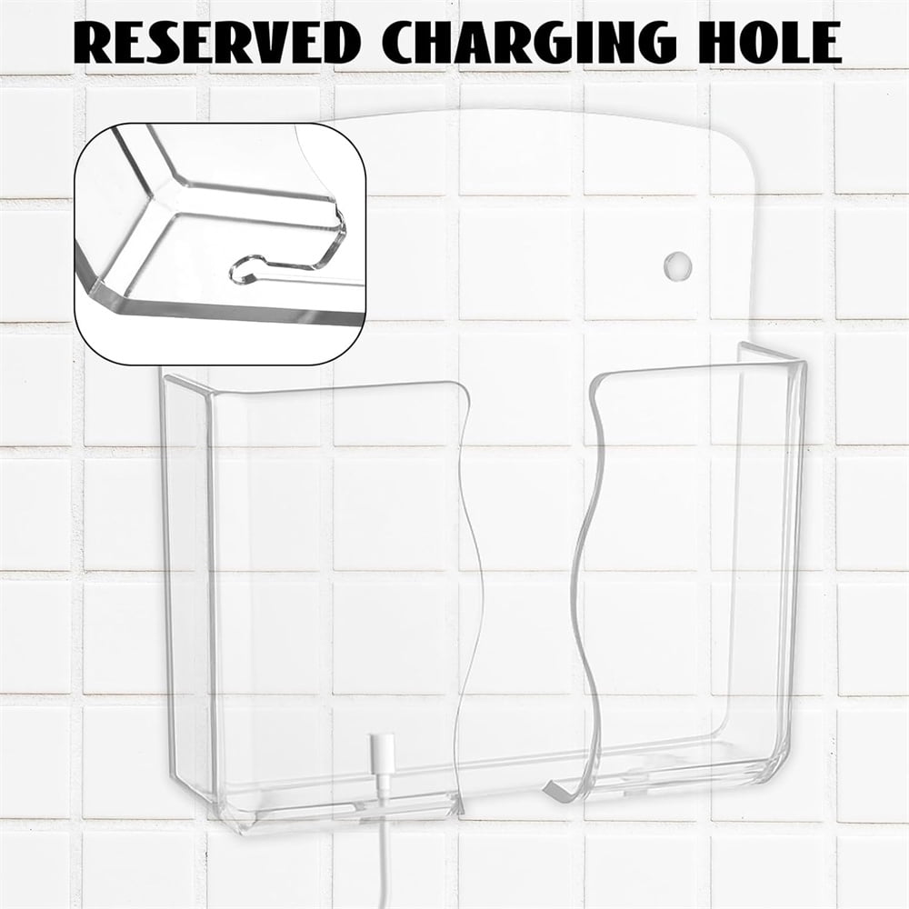 NOGIS 6 Pcs Wall Mount Cell Phone Charging Holder, Clear Acrylic Phone Stand Self Adhesive with Charging Hole, Compatible withSmartphone Remote Control Bedside Holders for Home Office