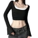 thumbnail image 1 of Women's Long Sleeve Color Blocking T-Shirts 2 Piece Halter Neck Camisole Slim Fit Going Out Crop Tops Fall Clothes black and white L, 1 of 4