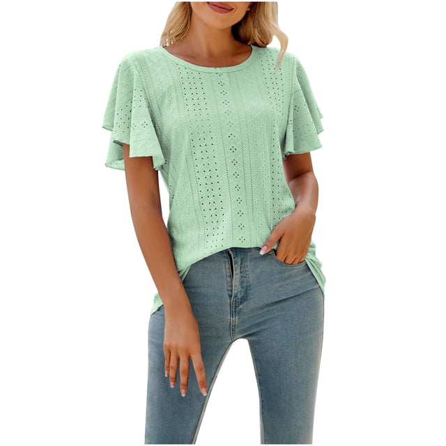 Timegard Womens Eyelet Tops Round Neck Ruffle Short Sleeve Solid Color Casual Tunic Tops Summer Fashion