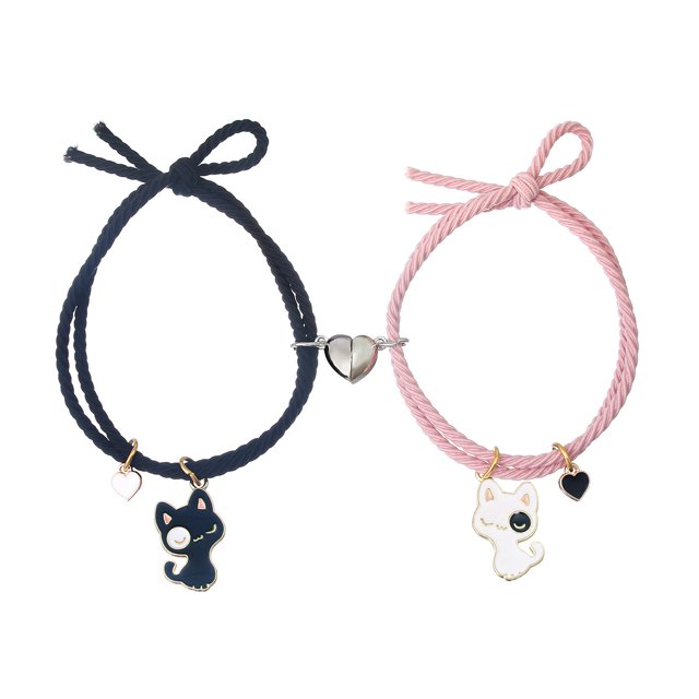 Pulsera trenzada personalizada para parejas, lindas pulseras con dijes de gatos, cuerda trenzada ajustable hecha a mano a juego (3 piezas)