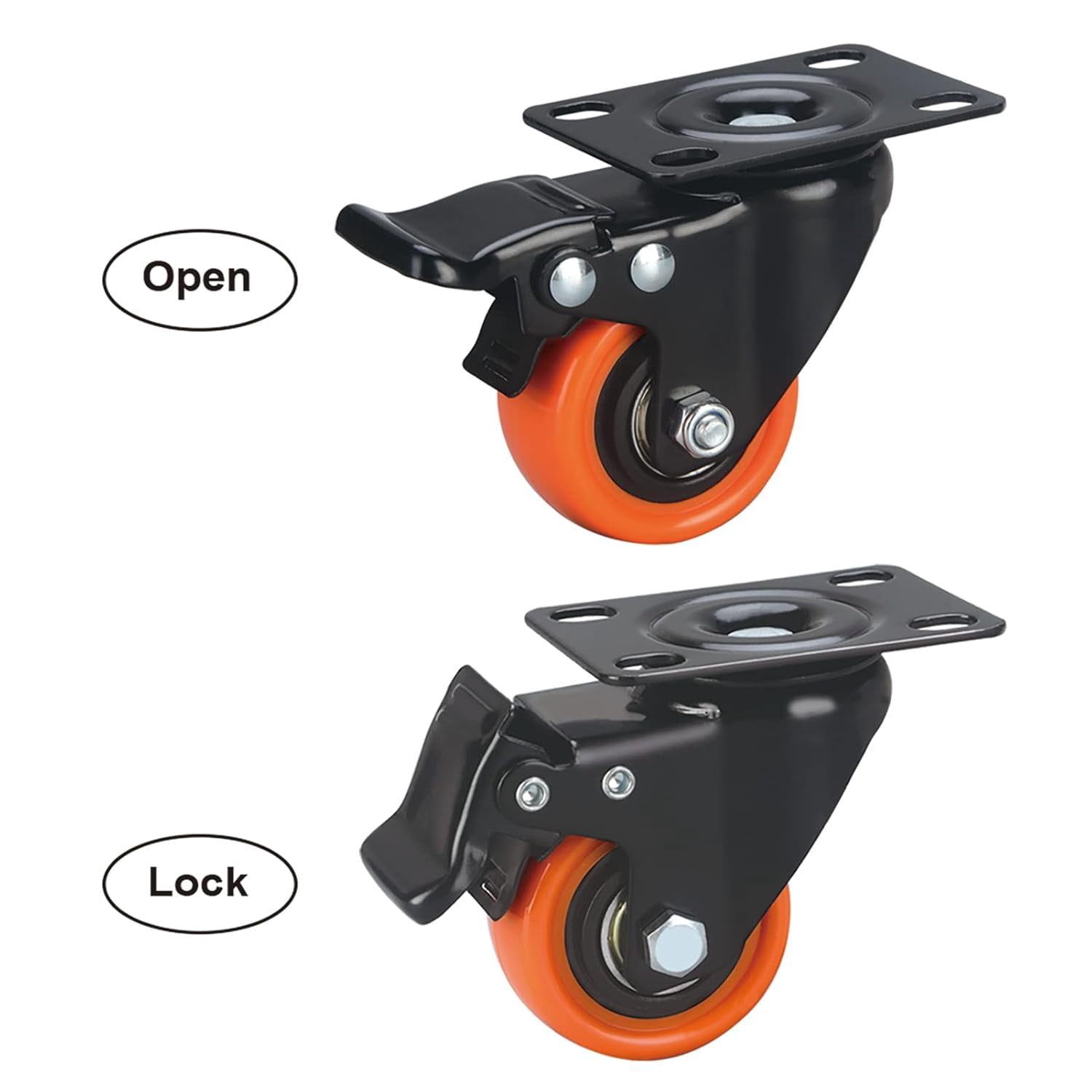 FRKSMD-2" Caster Wheels Set of 4, Heavy Duty Casters with Brake, No Noise Locking Casters with Orange Polyurethane (PU) Wheels, Swivel Plate Castors Pack of 4