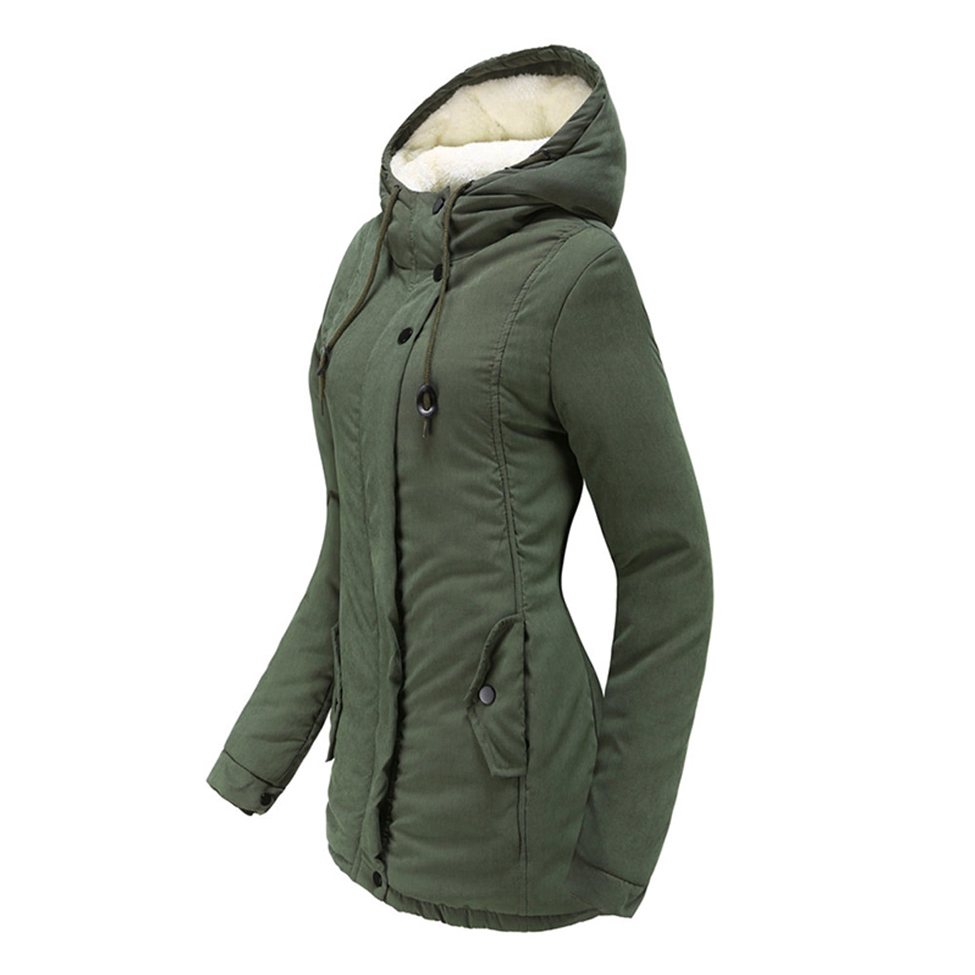 Bellella Women Jacket Long Sleeve Outwear Thicken Plush Coat Plain Hooded Parka Coats Winter Warm Overcoats Army Green M
