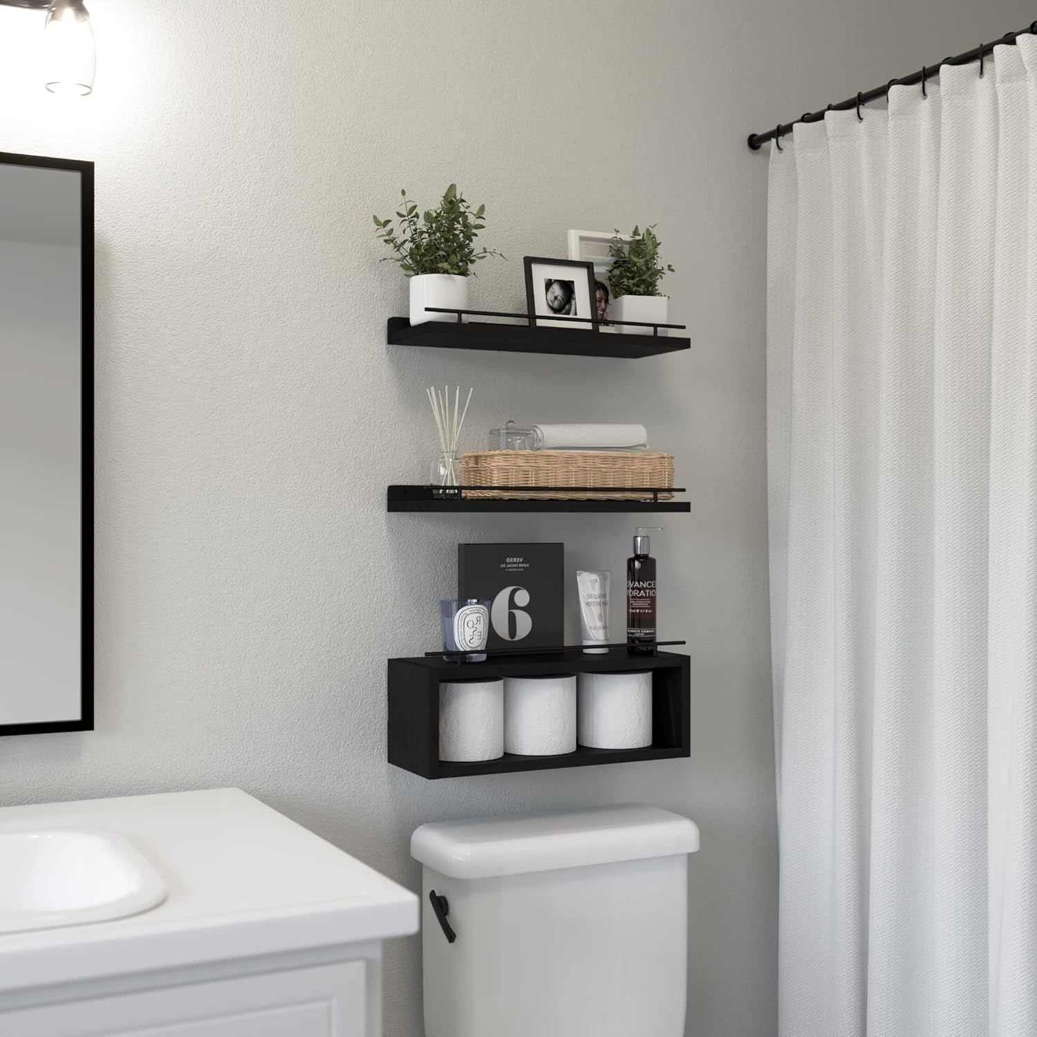 Floating Shelves for Wall 24 inch with Cube Shelf, Wall Shelves with Metal Rail for Bathroom Decor, Bathroom Organizers and Storage, Over Toilet Shelves, Toilet Paper-White