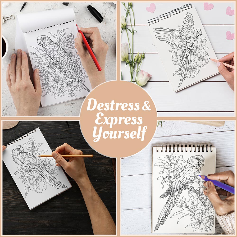 Netecom Large Print Macaw and Flowers Coloring Book Spiral Bound for Adults, A5 Wooden Cover, 30 Exquisite Parrot and Floral Coloring Pages for Stress Relief and Relaxation
