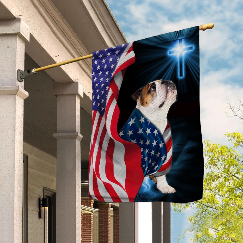 Flag Bulldog Dog Wearing Flag American Patriot Proud Standing Under The Cross Christian Garden Flag, Double-Sided Decorative Outdoor Flag, Patriotic Polyester Yard Flag 12 x 18 in