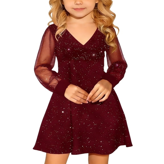 MEZZALL Kids Girls Puff Long Sleeve Mesh Casual High Waist A-Line Short Dress Formal Party Dresses For 4-14 Years Cozy Child Crew Neck Solid Color Sundress