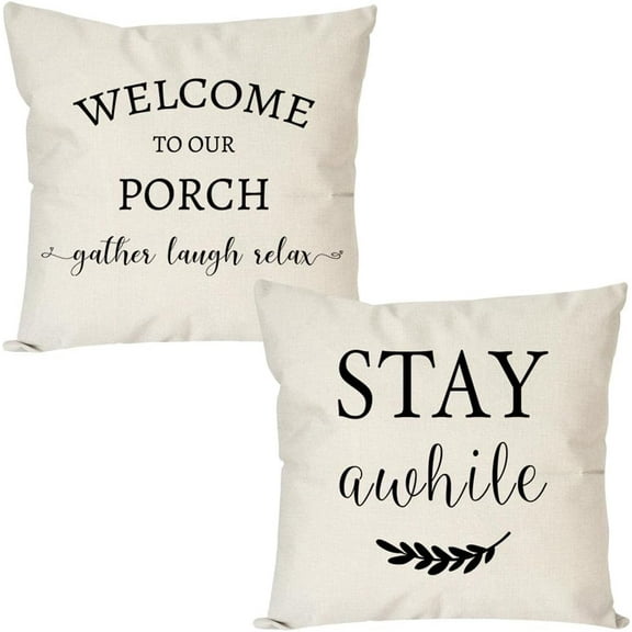 Welcome to Our Porch Stay Awhile Pillow Covers 18x18 Set of 2 for Outdoor Porch Decor, Outdoor Pillows Farmhouse Decorative Throw Pillows Cases for Home Front Porch Patio Outside Decorations