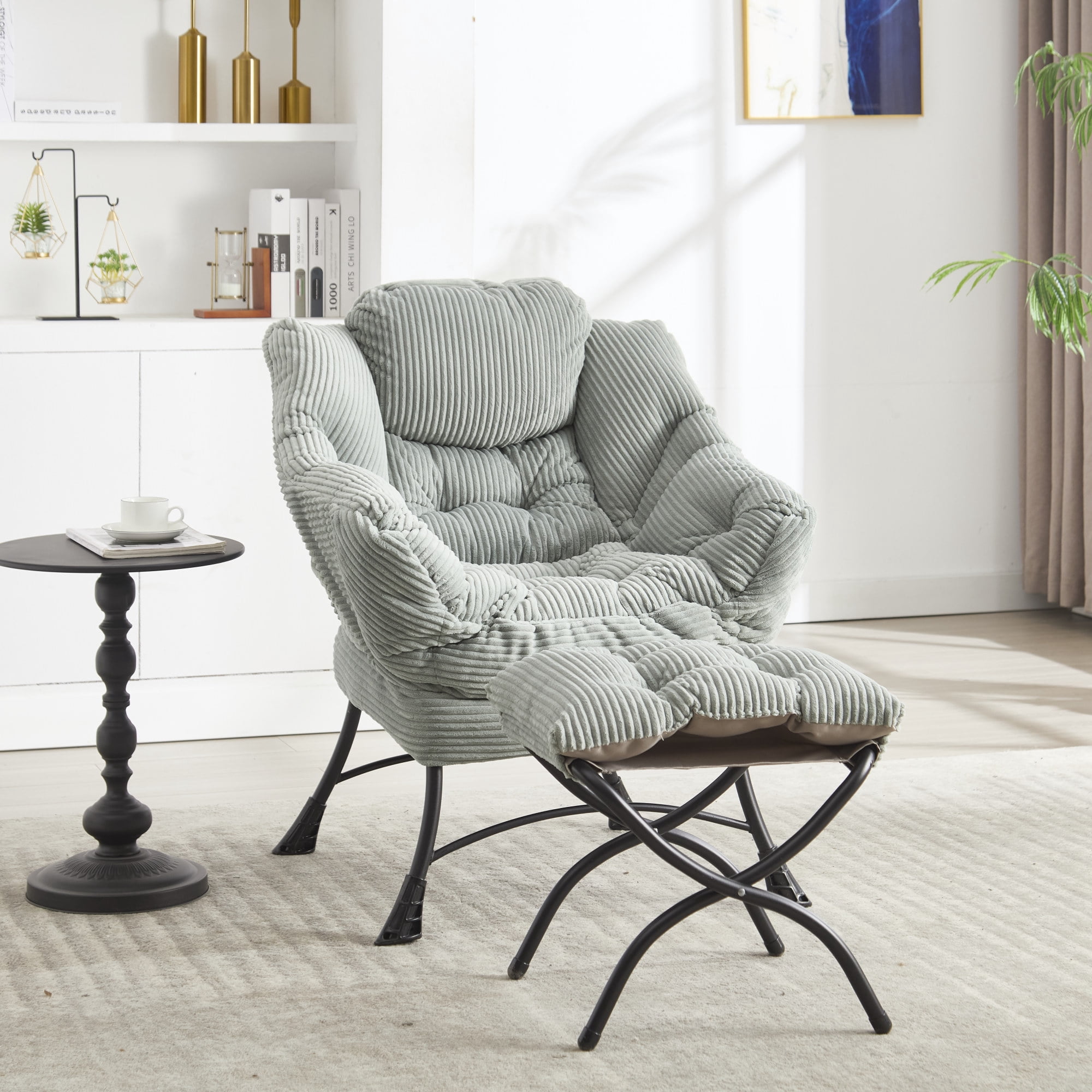 Lazy Chair with Ottoman,Modern Accent Chair with Armrests and a Side Pocket,Upholstered Armchair Sofa Chair Reading Chair with Footrest for Living Room,Light Green