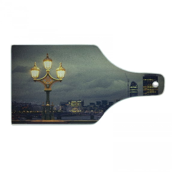 Night Cutting Board, Westminster Bridge London City UK Stormy Moody Weather European Urban Travel, Tempered Glass Cutting and Serving Board, Wine Bottle Shape, Pale Grey Yellow, by Ambesonne