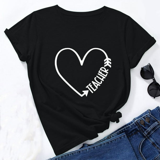ICHUANYI Clearance Women's Fashion Loose Round Neck Pullover Bottoming Teacher's Day Cute Print Short Sleeve Top T-Shirt(Black, XXL) ICHUANYI WER2023081111890