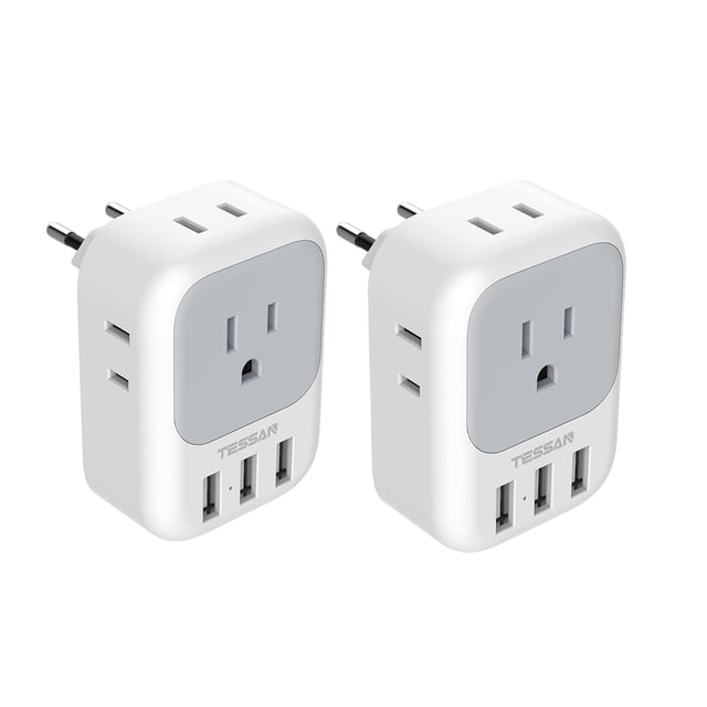 Adaptador de enchufe de viaje TESSAN de EE. UU. a Europa con 4 tomas de corriente alterna y 3 USB