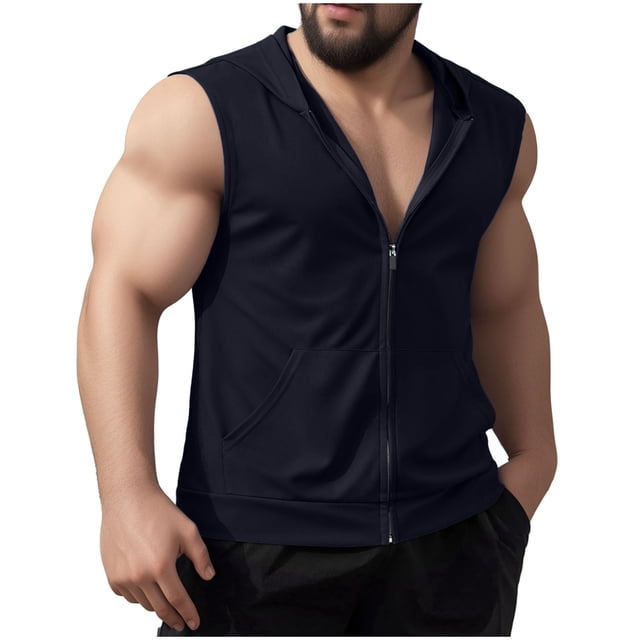pstuiky Camisetas sin mangas para hombre, Camiseta deportiva informal de moda para hombre, con bolsillos, capucha y cremallera, sin mangas Camisas para hombres xl