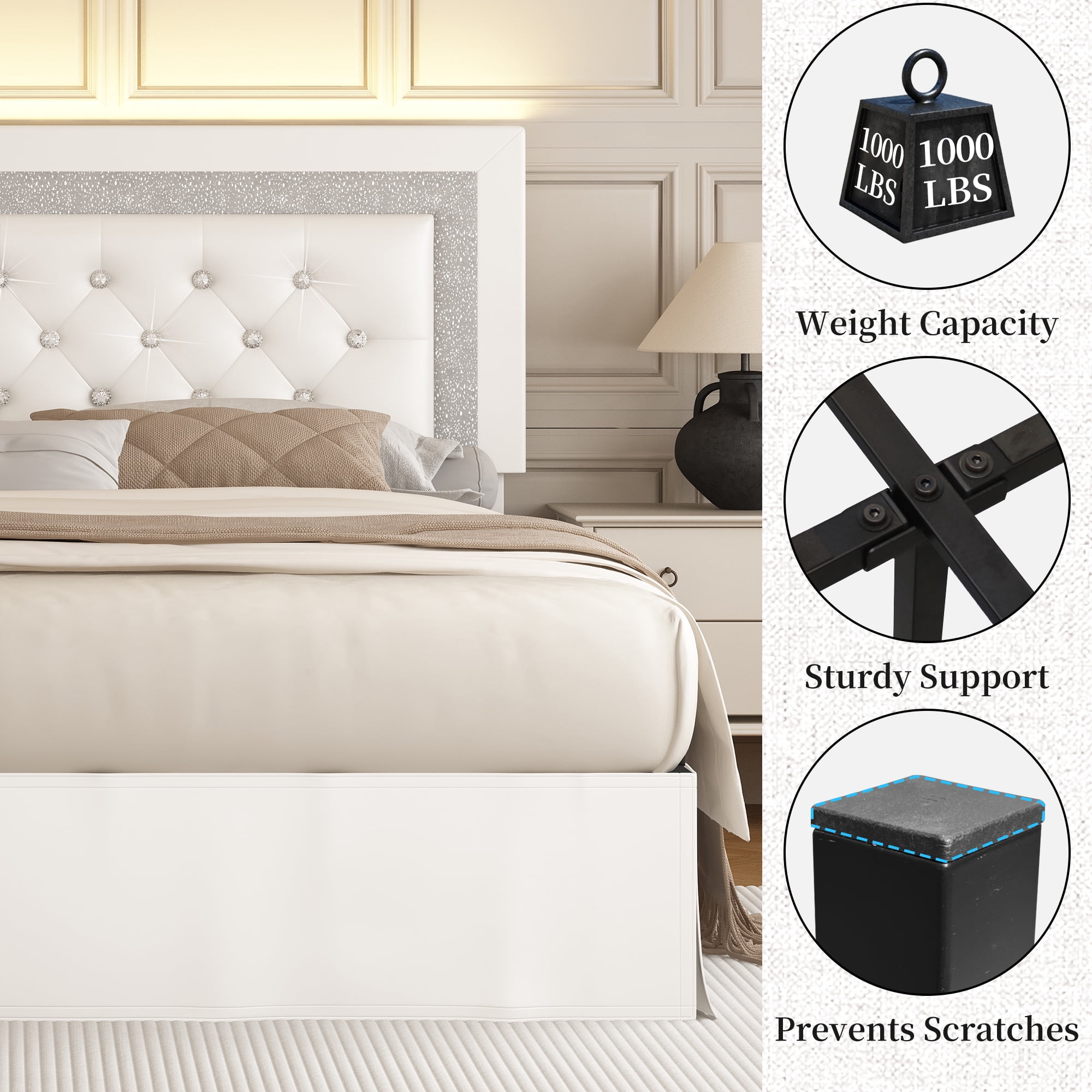 SIBEDS Full Upholstered Bed Frame with Adjustable Headboard and LED Lights, White PU Tufted Diamond Button, No Box Spring Needed, Noise Free