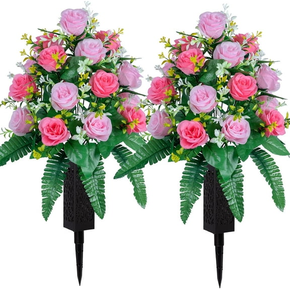 Sets of Artificial Cemetery Flowers， Outdoor Grave Decorations Roses，Accompanied by Long Nail Vases，Lasting and Non-Bleed Colors. (8 Heads (Pink Light Pink))
