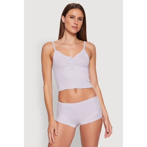 Womens Lace Trim Henley Pajama Cami and Shorts Set