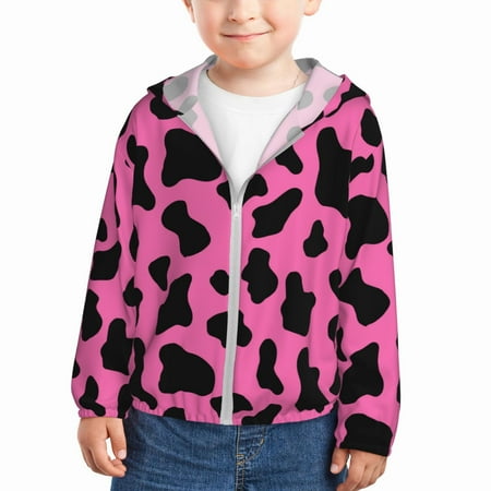

Sun Hoodie for Kids black pink cow animal print Long Sleeve Swim Fishing Shirts Sun Protection Zip Up Jacket Clothing Athletic Hoodie