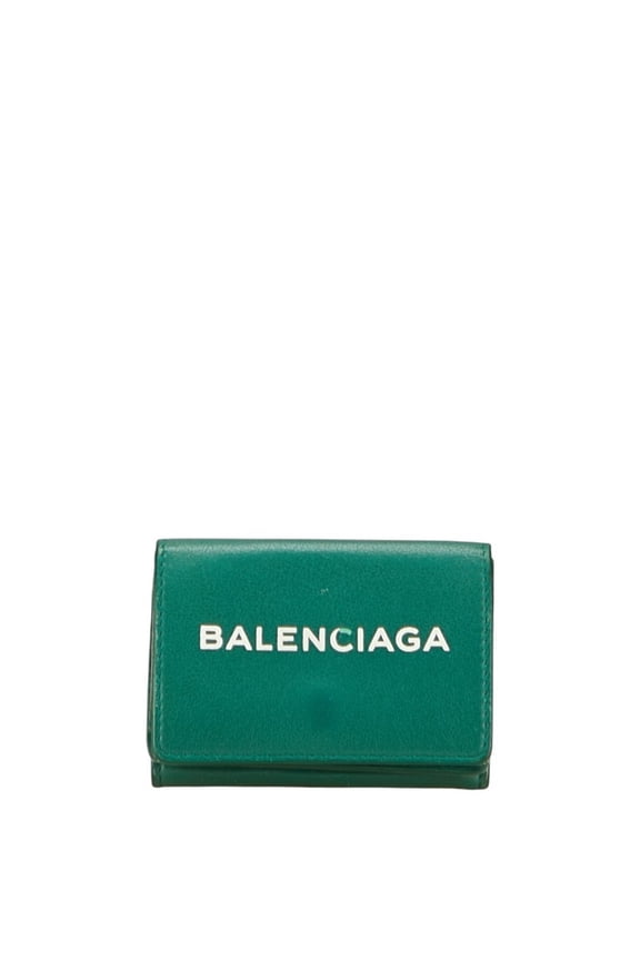 Pre-Owned Balenciaga logo tri-fold wallet in green leather for women. (Good)