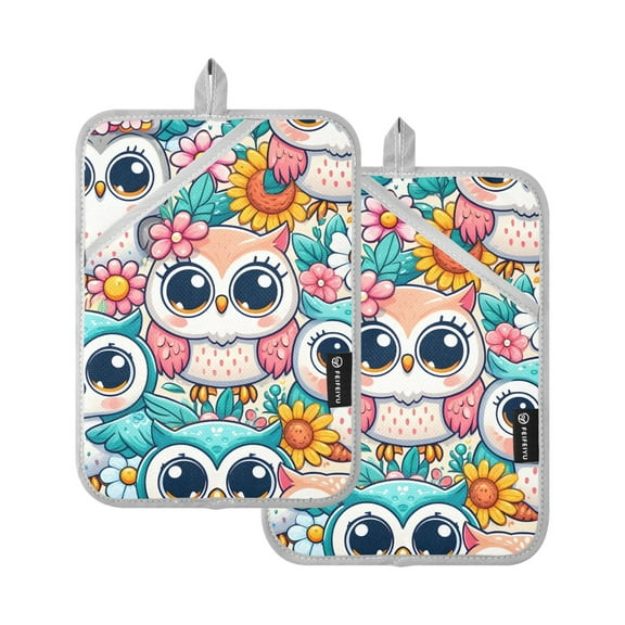 Pot Holders Set of 2 Heat Resistant 338℉ Kitchen Oven Gloves Potholder Cooking Baking Microwave Mitts Cute Owl and Floral