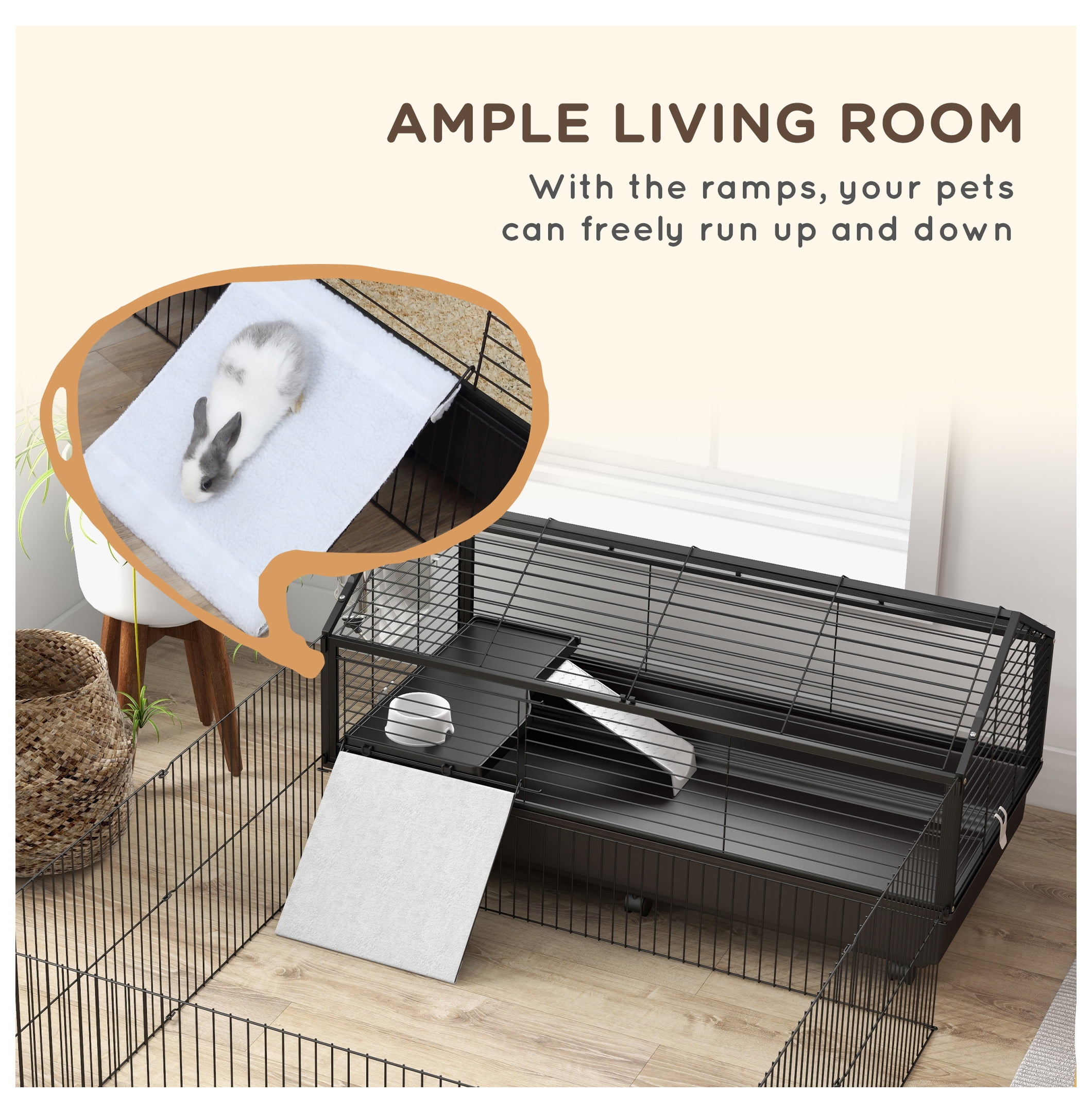 Small Animal Cage with Run, Rolling Bunny Cage, Guinea Pig Habitat, Hedgehog Cage - 46.5" - Includes Bottle, Bowl & Ramps