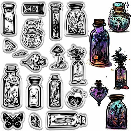 Magic Bottle Clear Stamps Retro Mushroom Butterfly Leaf Grass Specimen Silicone Stamp Sealing Reusable Transparent Stamps for Cards Making Photo Album Journaling Scrapbooking DIY Crafts Decor