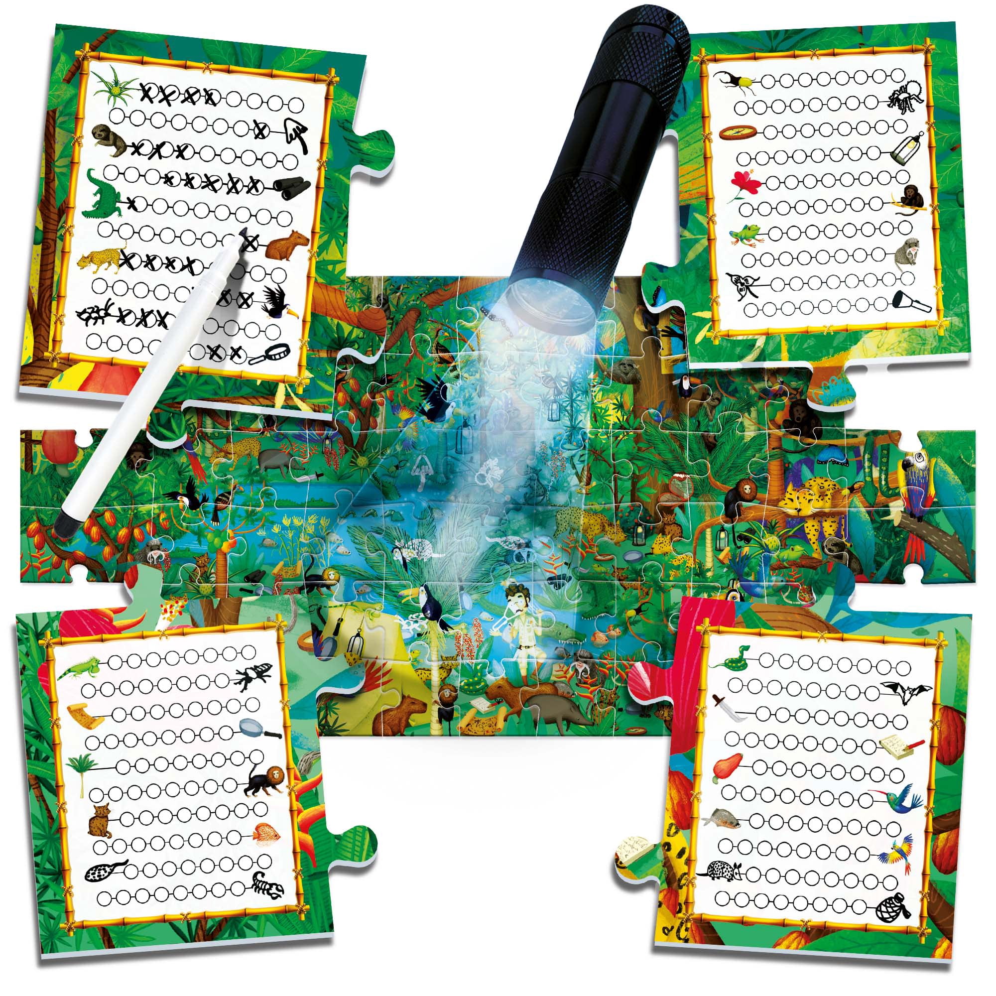 Headu: Explore The Forest Puzzle - 70pc Activity Jigsaw, Magic Reveal Light, 27x17" Jungle Ecosystem Scene, Search & Find Plants & Animals, Kids 5+