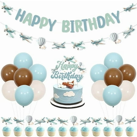 Vintage Airplane Birthday Party Decorations Airplane Happy Birthday Banner Garland Plane Party Cake Topper Time Flies Plane Aircraft Aviation Travel Theme Decor Balloon for 1st 2nd 3rd Bday