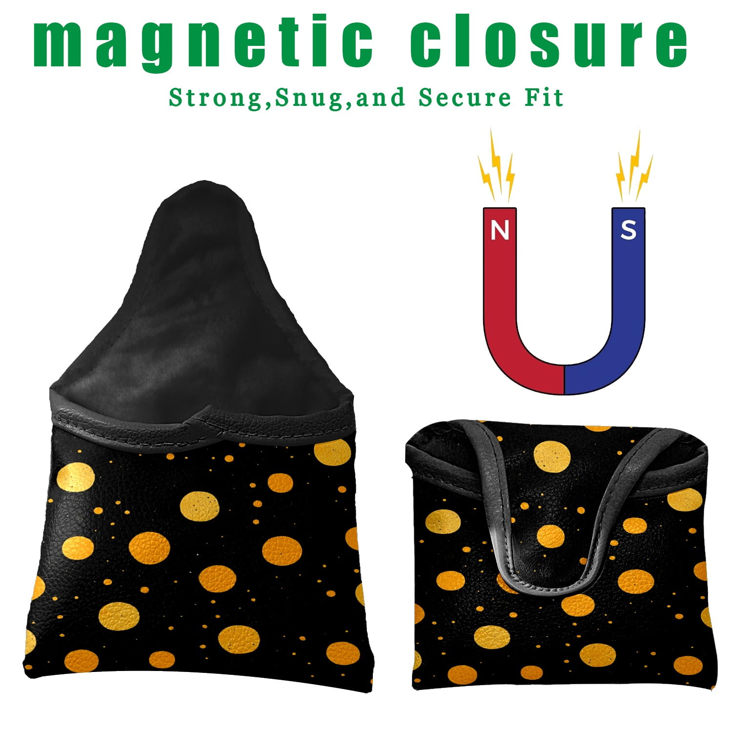 Golf Mallet Putter Cover Premium Leather Waterproof Golf Putter Head Cover with Magnetic Closure Yellow Polka Dots