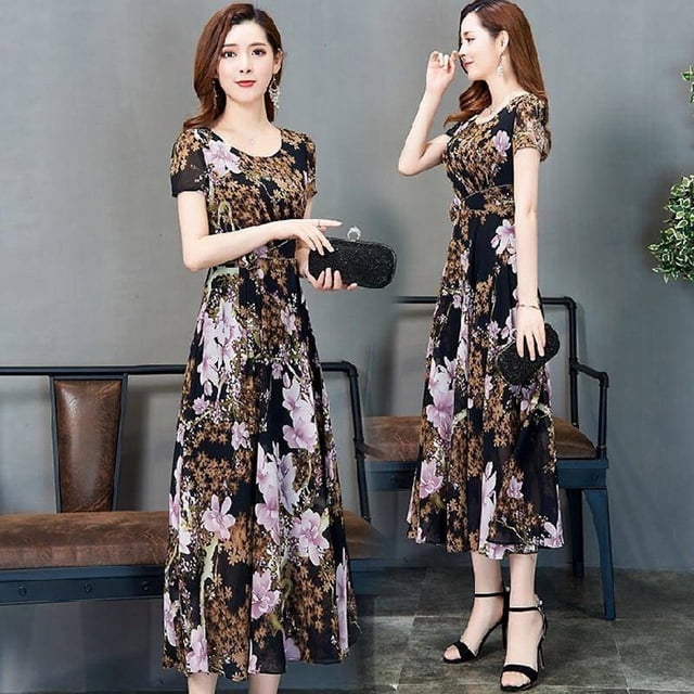 Robe d'Été pour Femme à Taille Haute à Motif Floral à Manches Courtes Imprimée Motif Gris m