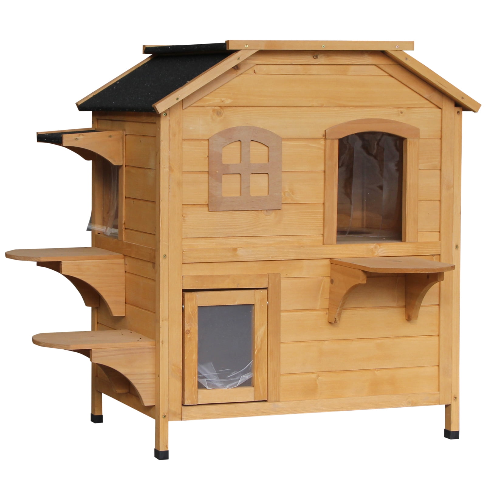 Wooden Cat Pet Home with Balcony Kitten House Small Indoor Outdoor Shelter 