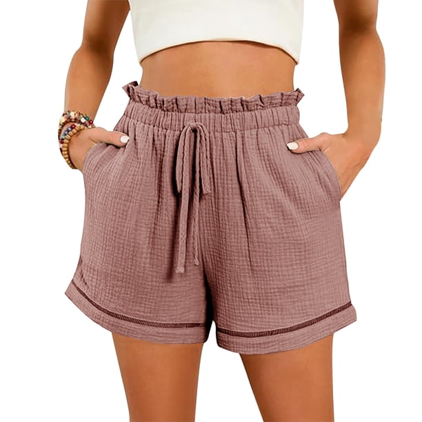 MKLEKYY Pantalones Cortos para Mujer, Moda de Primavera y Verano, Color Liso, Cintura Alta, Bolsillos, Holgados, Pierna Ancha (2)