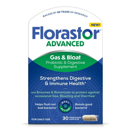 Florastor Unisex Advanced Gas & Bloat Daily Probiotic & Digestive Supplement Capsules, 30 Count