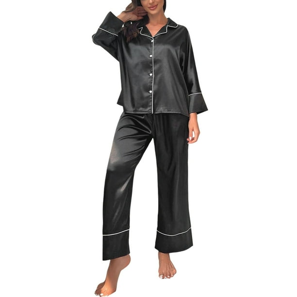 CAICJ98 Silk Pajamas Women s Classic Button Down Long Satin Silk Pajama Set Sleeping Clothes for Women XL Black