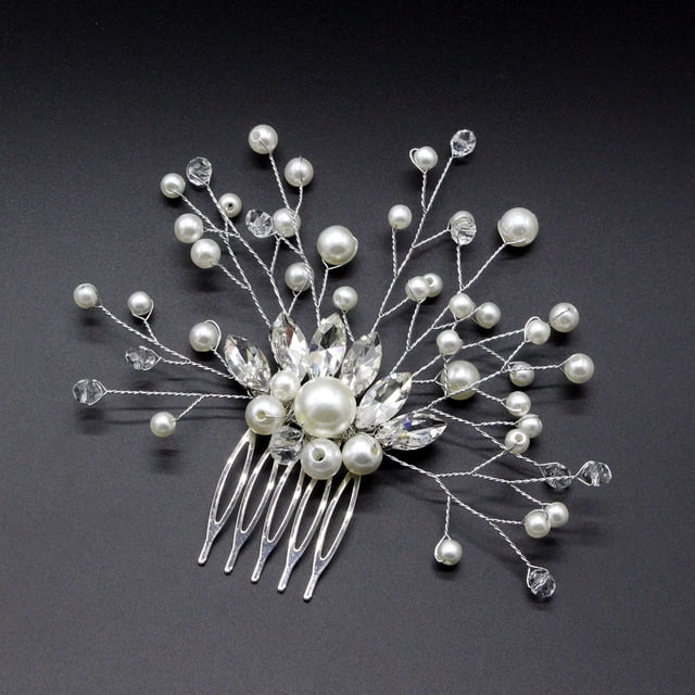 Nvzi Horquillas para el pelo de boda con flores para novias, peinetas con perlas de cristal, pinzas para el pelo, accesorios para el pelo de boda dorados, joyas plateadas