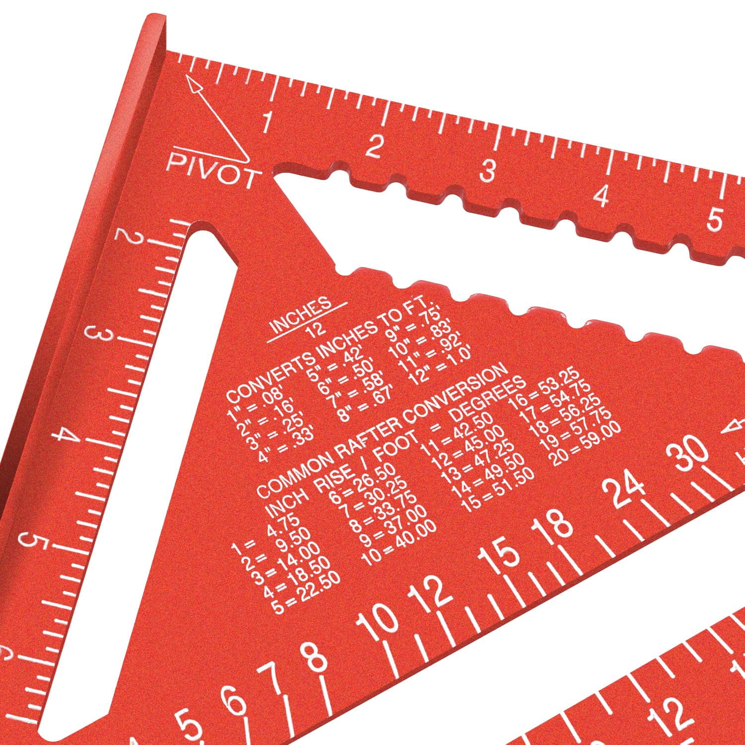 1 Piece 12 Inch Aluminum Alloy Triangular Ruler, Imperial Protractor for Woodworking, Red