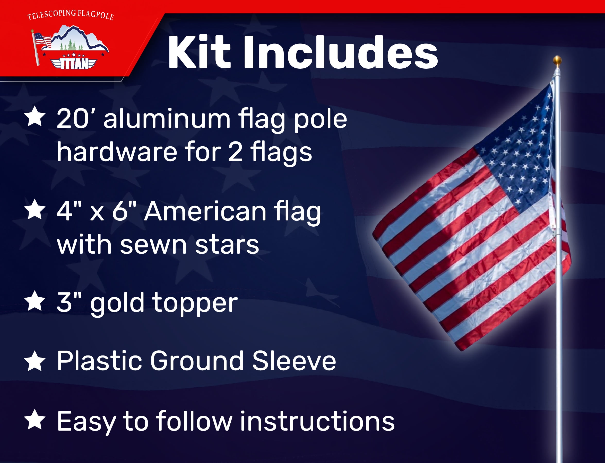 Titan Telescoping Flag Poles, 20ft Silver – Heavy Duty Flag Pole Kit, Includes Aluminum Telescoping Flag Pole, 4 x 6 American Flag, Hardware for 2 Flags and Detailed Installation Instructions