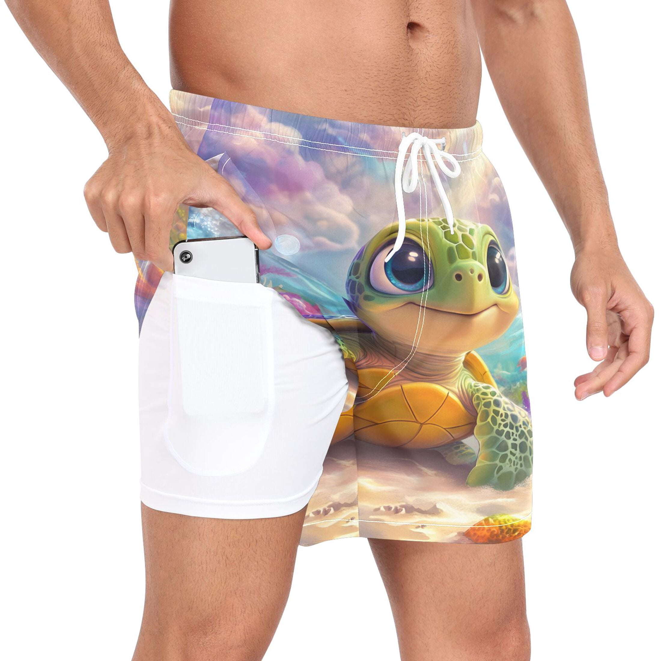 joogoo Men's Sea Turtles Sunshine Swim Trunks with Liner Pocket Beach Shorts Large