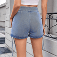 thumbnail image 4 of Dycnvjo Women'S High Waisted Drawstring Ruched Tie Side Skinny Denim Stretch Shorts Light Blue L, 4 of 7