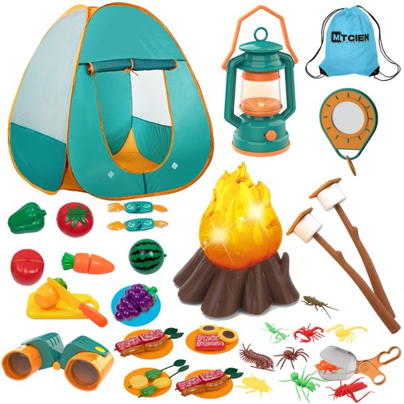 MITCIEN Tente de Camping pour Enfants avec Jouet Feu de Camp/marshmallow/fruits Ensemble de Tente de Jeu pour Garçons Filles Jeu de Simulation Intérieur Extérieur