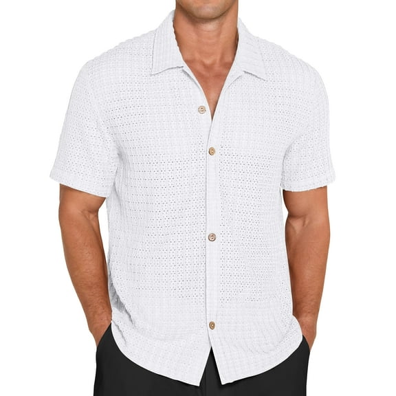 QDG Mens Casual Button Down Shirts Short Sleeve Summer Beach Shirts Crochet Guayabera Shirts Hollow Out Tops White L