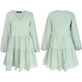 thumbnail image 4 of FANCYINN Long Sleeve Shift Tunic Dress Ruffle Swing Babydoll Juniors Mini Tiered Dress with Pockets Light Green XS, 4 of 5