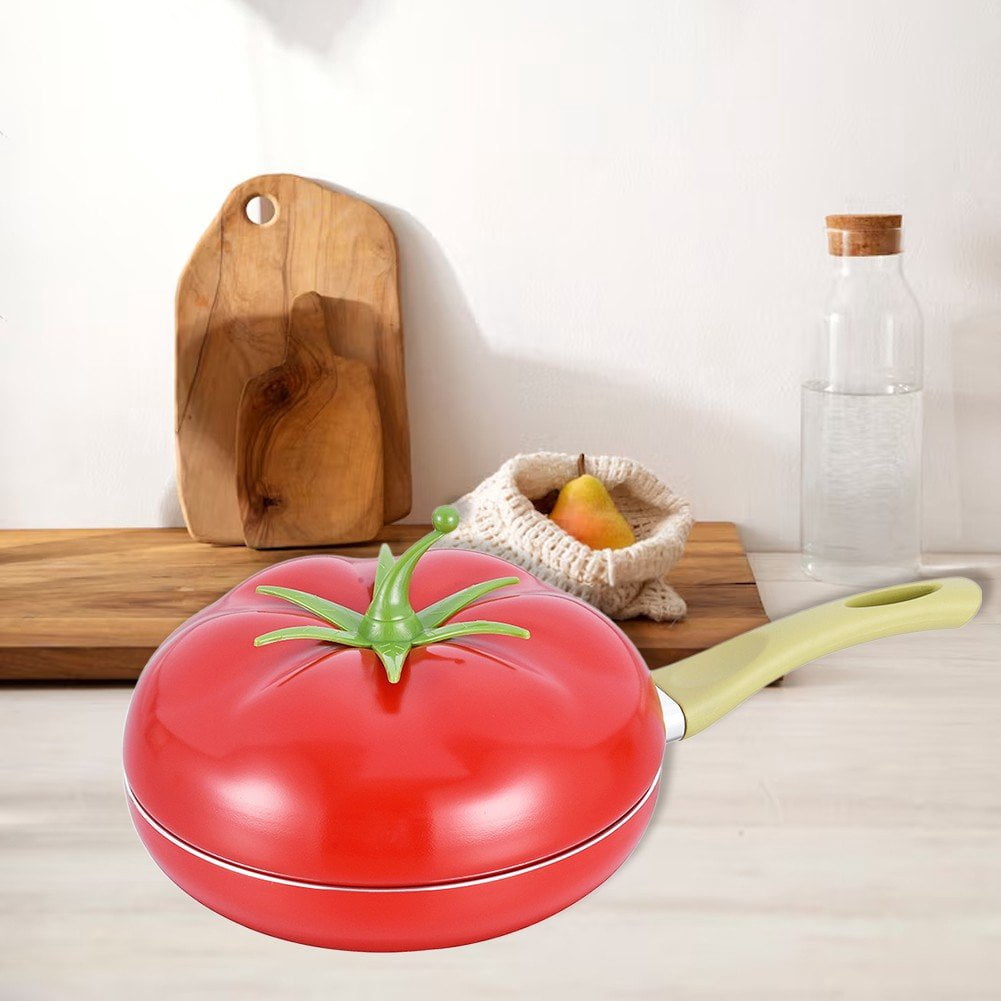Jiibva 1Pc Red Tomato Shape Non Stick Skillet Frying Pan with Lid for Home Induction Cooker