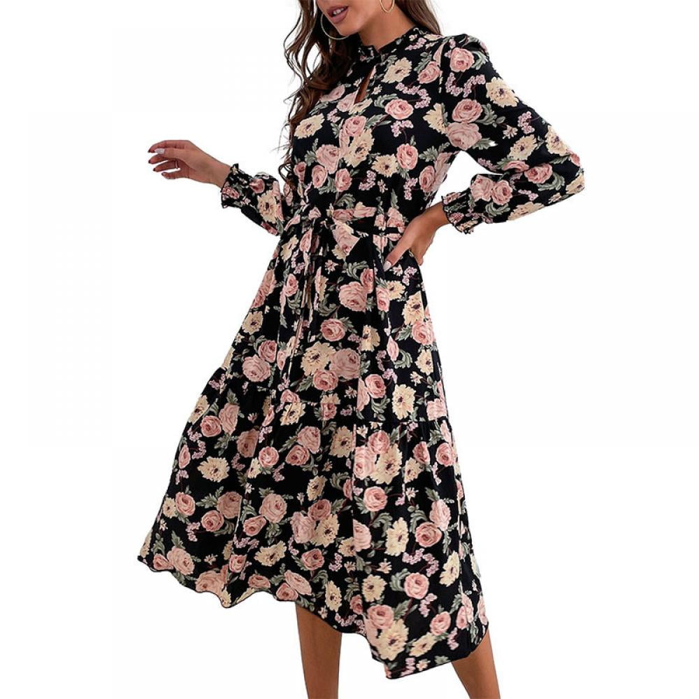 Floral Print Dress Mock Neck Puff 
